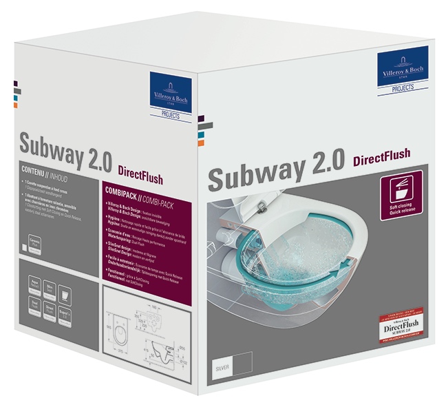 Wand-Tiefspül-WC ohne Befestigungslöcher DirectFlush „Subway 2.0“ 37 × 36,5 × 56 cm, ohne Spülrand