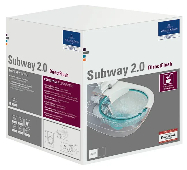 Wand-Tiefspül-WC DirectFlush „Subway 2.0“ 37 × 36,5 × 56 cm, ohne Spülrand, Abgang waagerecht