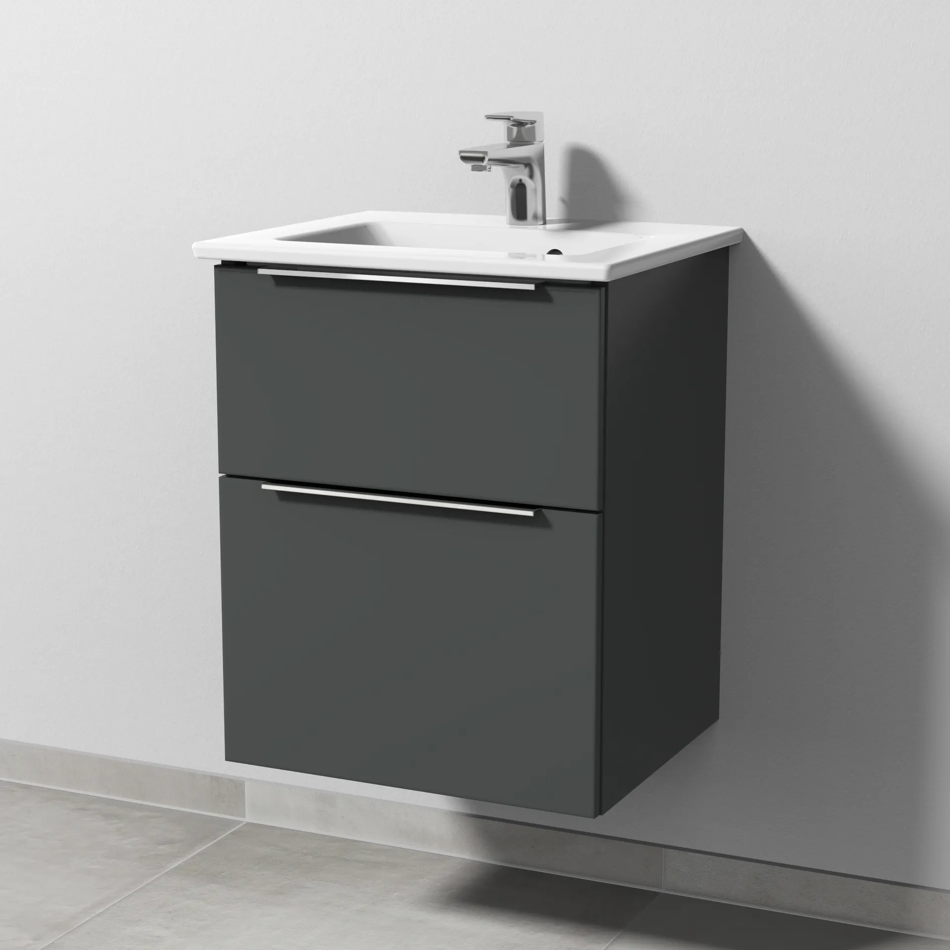 Keramik-Waschtisch-Set mit Waschtischunterschrank „3way“ 46,5 × 40,1 × 59,1 cm in Anthrazit (matt), mit Hahnlochbohrung, Becken mittig