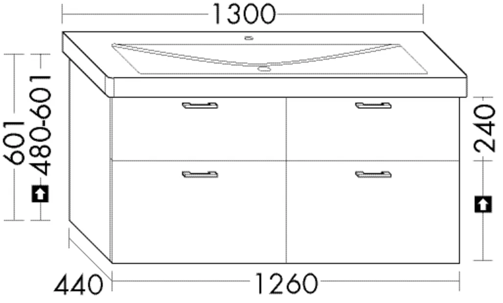 Waschtischunterschrank Sys30 von burgbad - Villeroy & Boch Subway 2.0, 126 cm breit, 44 cm tief, 60,1 cm hoch, 2 Schubladen oben (30 cm), 2 Auszüge unten (35 cm)
