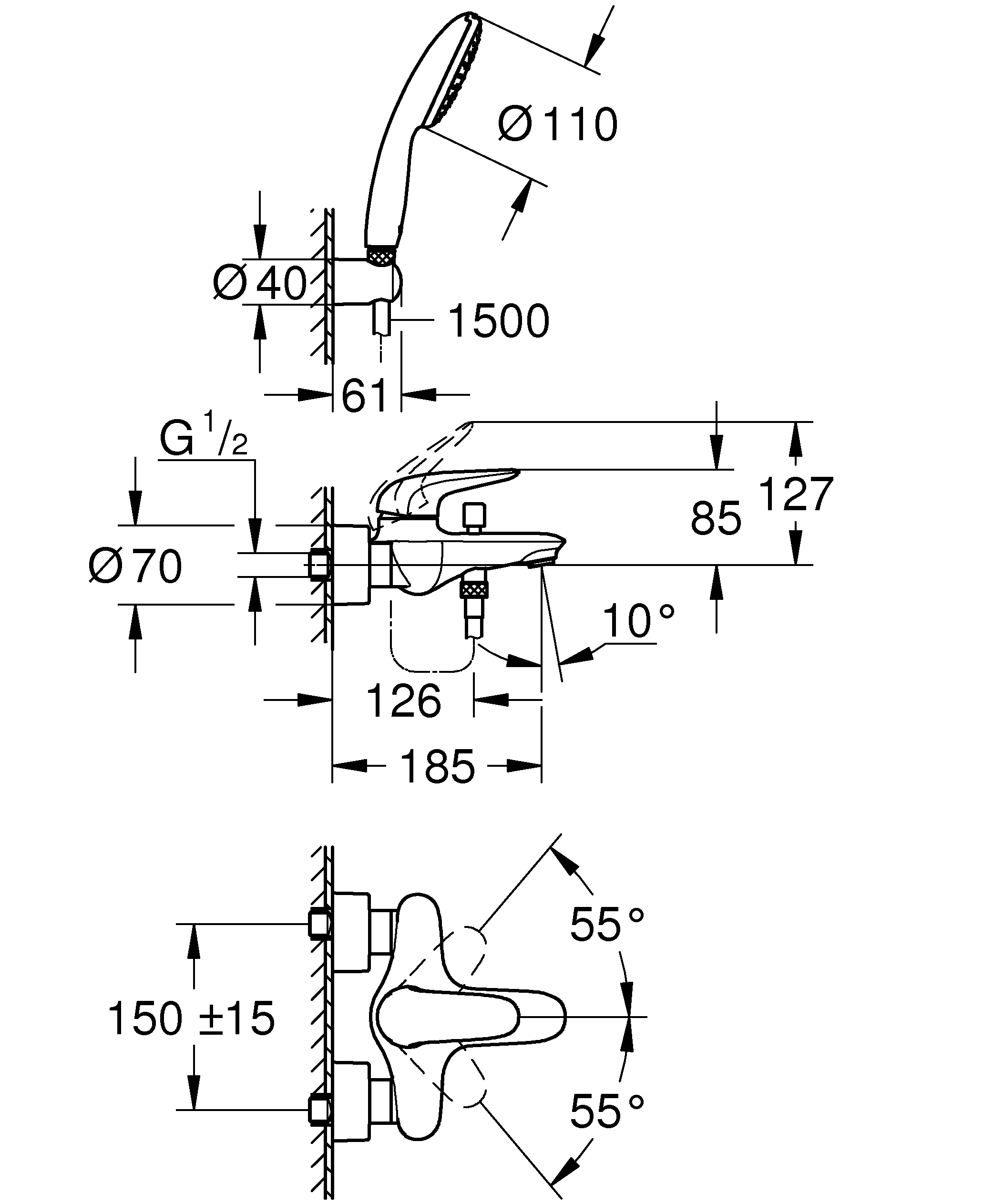 Einhand-Wannenbatt. Eurostyle 25286_3, geschlossener Metall-Hebelgriff, mit Tempesta 110 Wandhalterset 1 Strahlart: Rain, maximaler Durchfluss (bei 3 bar): 8.7 l/min, chrom