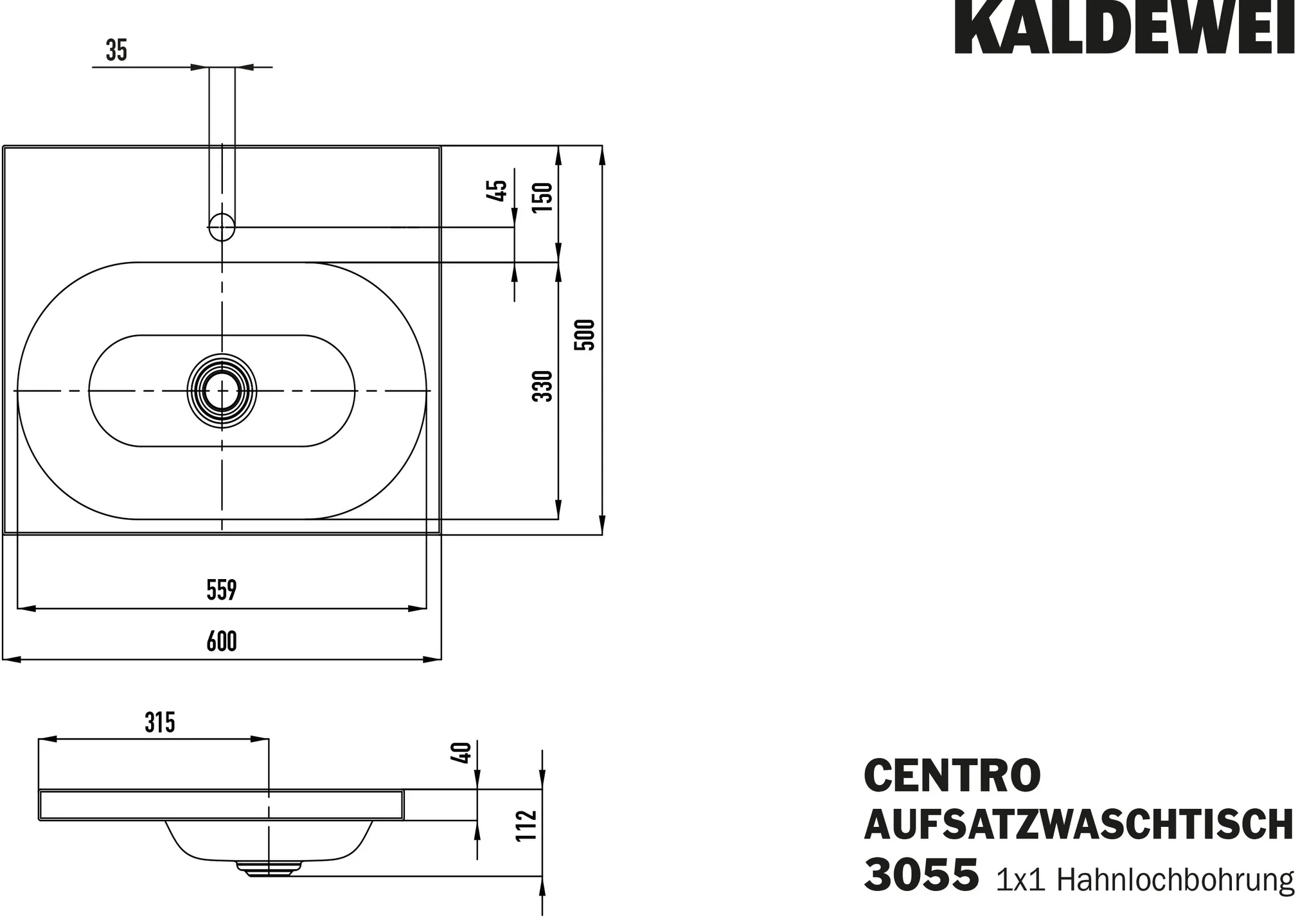 Kaldewei CENTRO Aufsatzwaschtisch, 600x500 mm, Randhöhe 40 mm, bahamabeige, Perl-Effekt, Antidröhn mit 1er Hahnlochbohrung, ohne Überlauf
