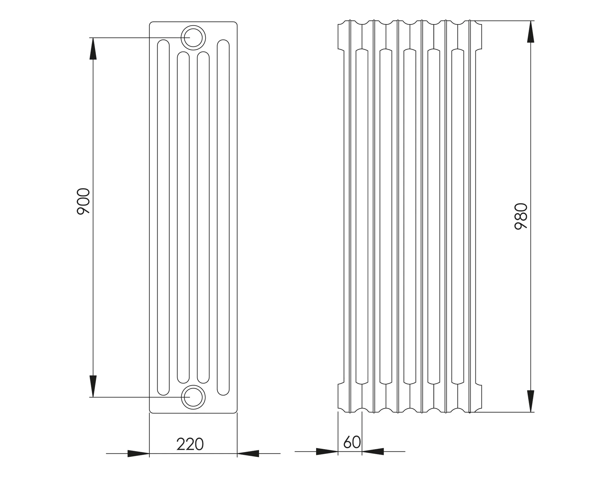 ASW Gussradiator grundiert 1 Glied Nabenabstand 900 mm „Berlin“ 6 × 98 × 22 cm