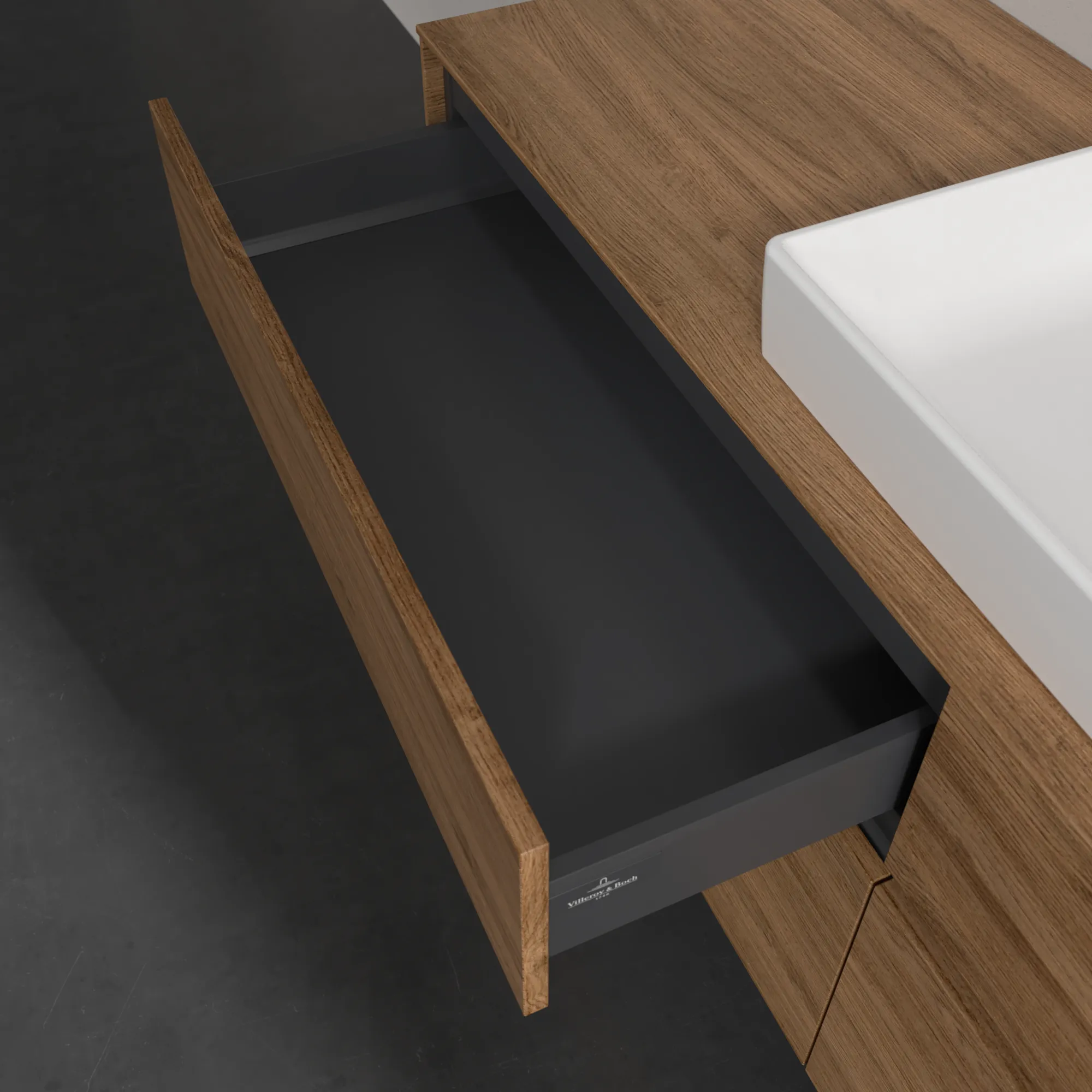 Villeroy & Boch Waschtischunterschrank „Collaro“ 1600 × 548 × 500 mm Kansas Oak, mit Beleuchtung, für Becken rechts