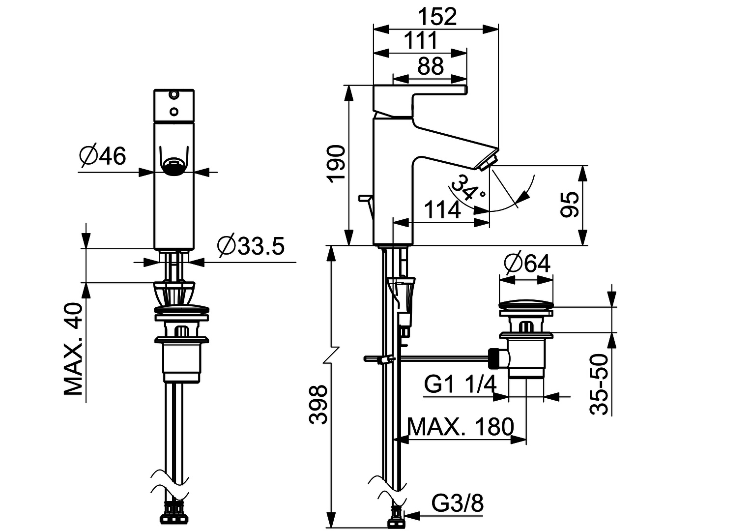 EHM Waschtischbatterie VANTIS XL 5256 Ablaufgarnitur mit Zugstange Ausladung 114 mm Chrom Pinhebel