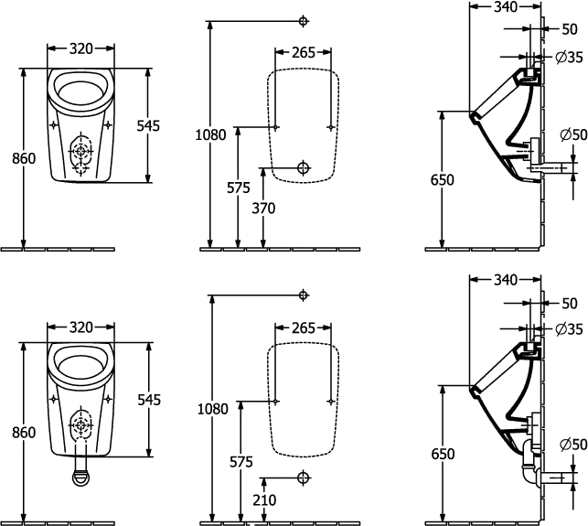 Urinal „Newo“, Zulauf von oben, Befestigung verdeckt 32 × 54,5 × 34 cm