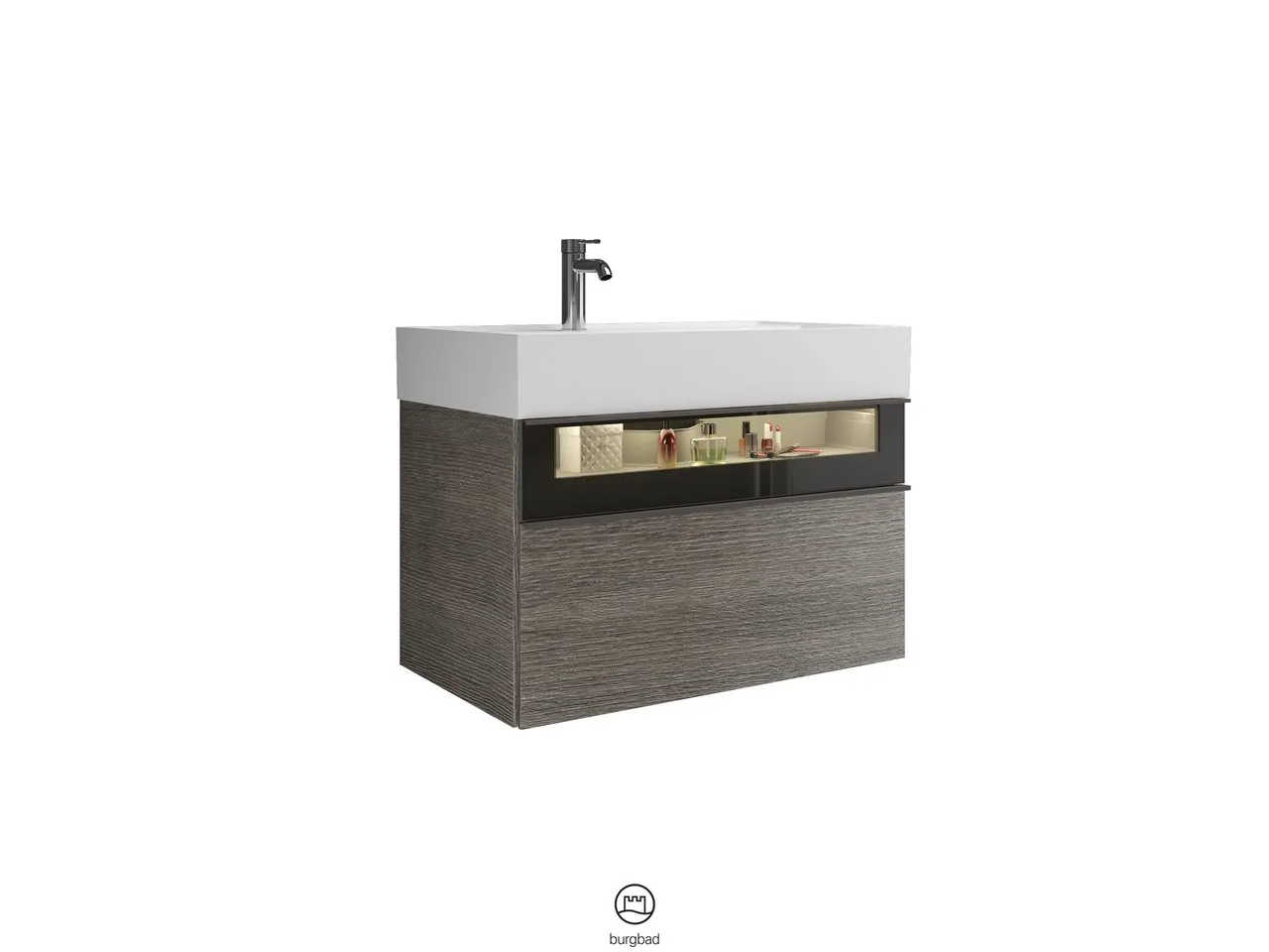 Mi-Waschtisch inkl. WTU Yumo von burgbad – 470x815x610 mm, Mineralguss, Rauchglasfront, LED-Beleuchtung Mi-Waschtisch inkl. WTU Yumo von burgbad – 470x815x610 mm, Mineralguss, Rauchglasfront, LED-Beleuchtung