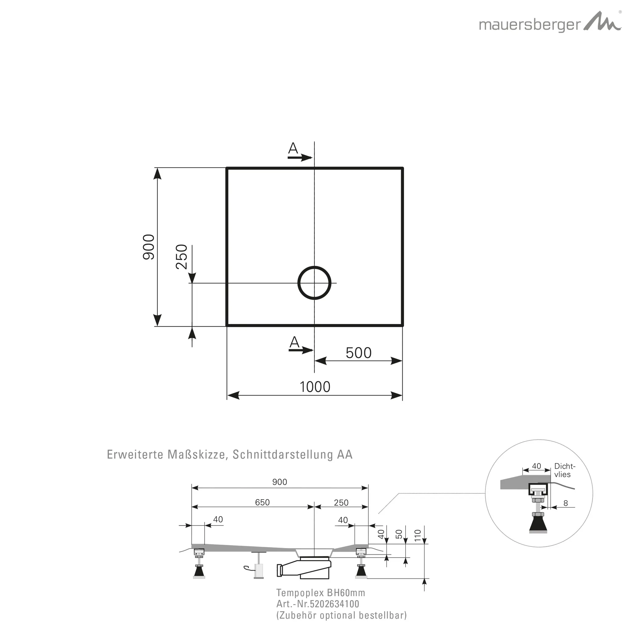 Mauersberger Acryl-Duschfläche isca 100⁄90 1000x900x110, rein-weiß