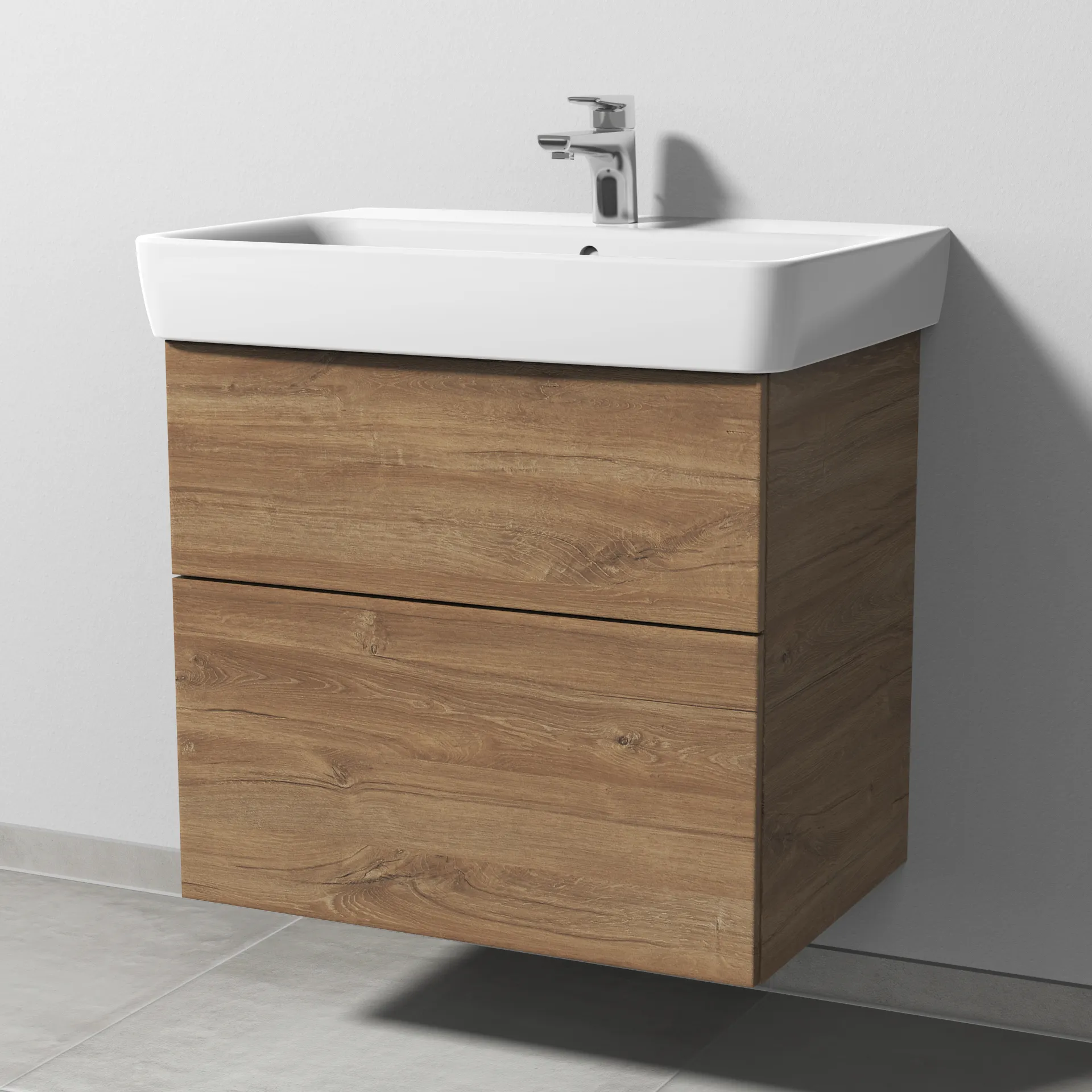 Sanipa Waschtischunterschrank „3way“ passend zu Keramik-Waschtische Renova Plan von Geberit 635 × 588 × 407 mm in Eiche Kansas, Becken mittig