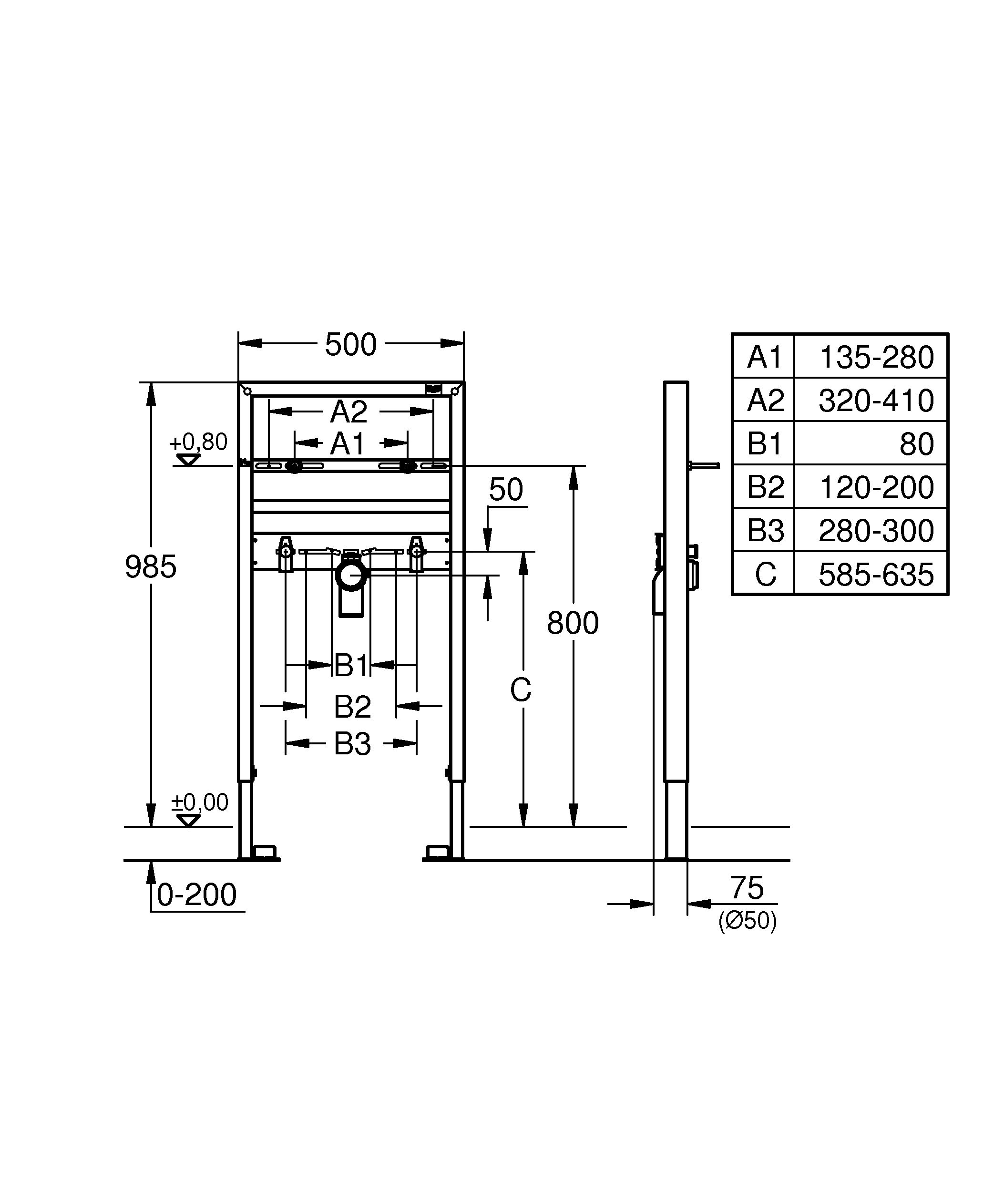 Waschtisch-Element Rapid SL 38541, 1,00 m Bauhöhe, für Einlochbatterie, für Vorwand- oder Ständerwandmontage, 2 schallgedämmte Armaturenanschlüsse DN 15, HT-Ablaufbogen DN 50