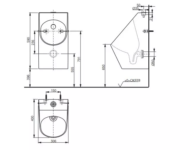 Toto Urinal Zulauf von oben 306 × 590 × 400 mm