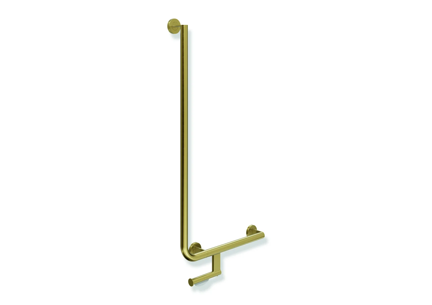 HEWI Winkelgriff System 900 mit WC-Papierrollenhalter, Edelstahl PVD gold gebürstet, 32 mm Durchmesser, waagerecht 500 mm, senkrecht 1000 mm, rechts