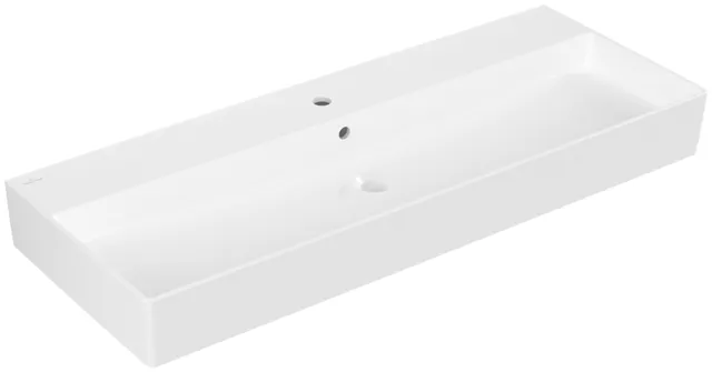 Wandwaschtisch aus TitanCeram geschliffen „Memento 2.0“ 120 × 47 × 15 × 15 cm, mit Hahnlochbohrung, Hahnlochposition mittig in Weiß Alpin