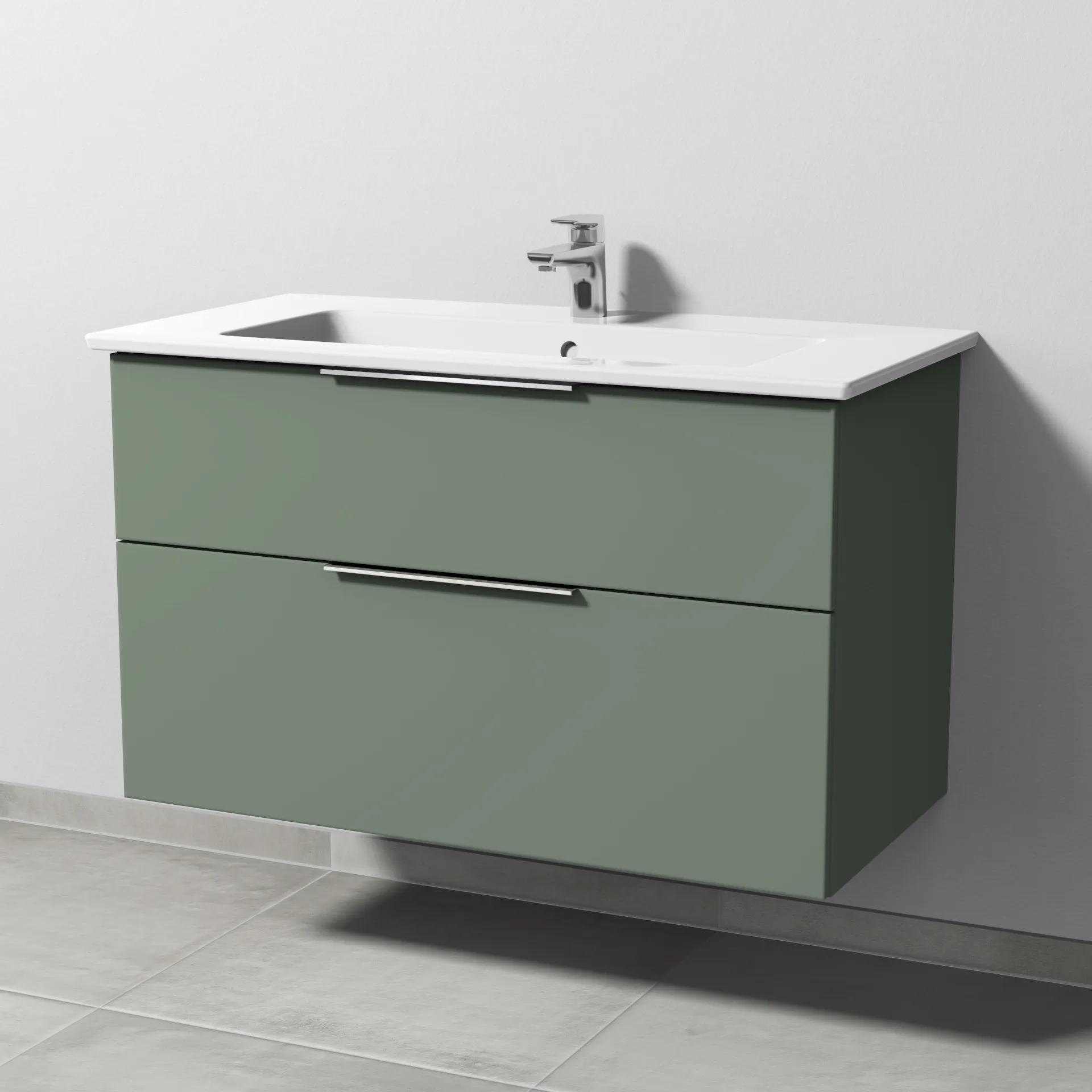 Keramik-Waschtisch-Set mit Waschtischunterschrank „3way“ 95,5 × 47,7 × 59,1 cm in Soft-Green, mit Hahnlochbohrung, Becken mittig