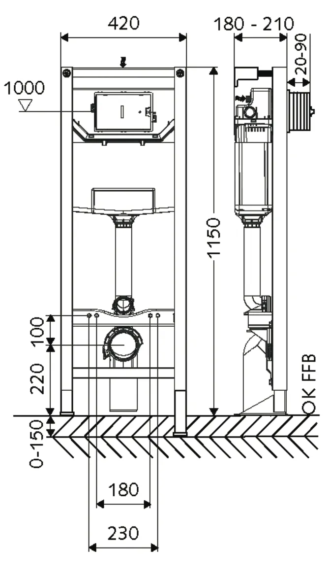 WC-Modul MONTUS, Typ CS 120, B 42 cm x H 115 cm, Rahmen pulverbeschichtet