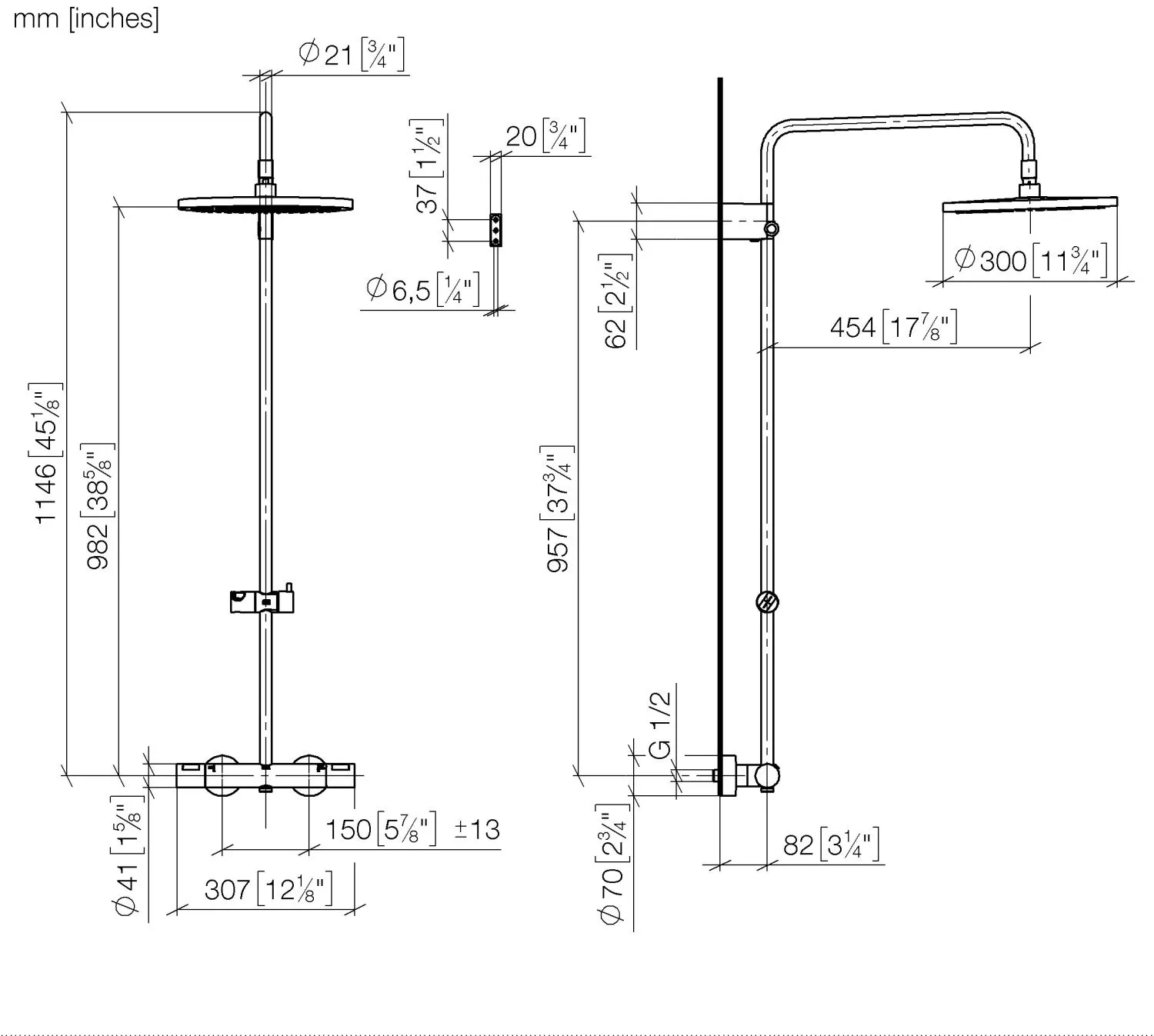 Dornbracht Showerpipe mit Brause-Thermostat, SERIENSPEZIFISCH Chrom, 300 mm, Höhe 982–1146 mm, Ausladung 454 mm