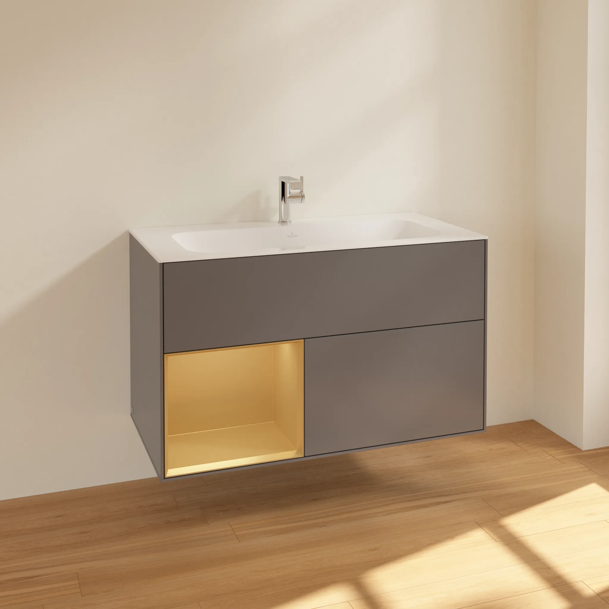 Villeroy & Boch Waschbeckenunterschrank Finion F03, Anthracite Matt Lacquer mit Gold Regal, 996x591x498 mm, mit Beleuchtung und Push-to-open Funktion