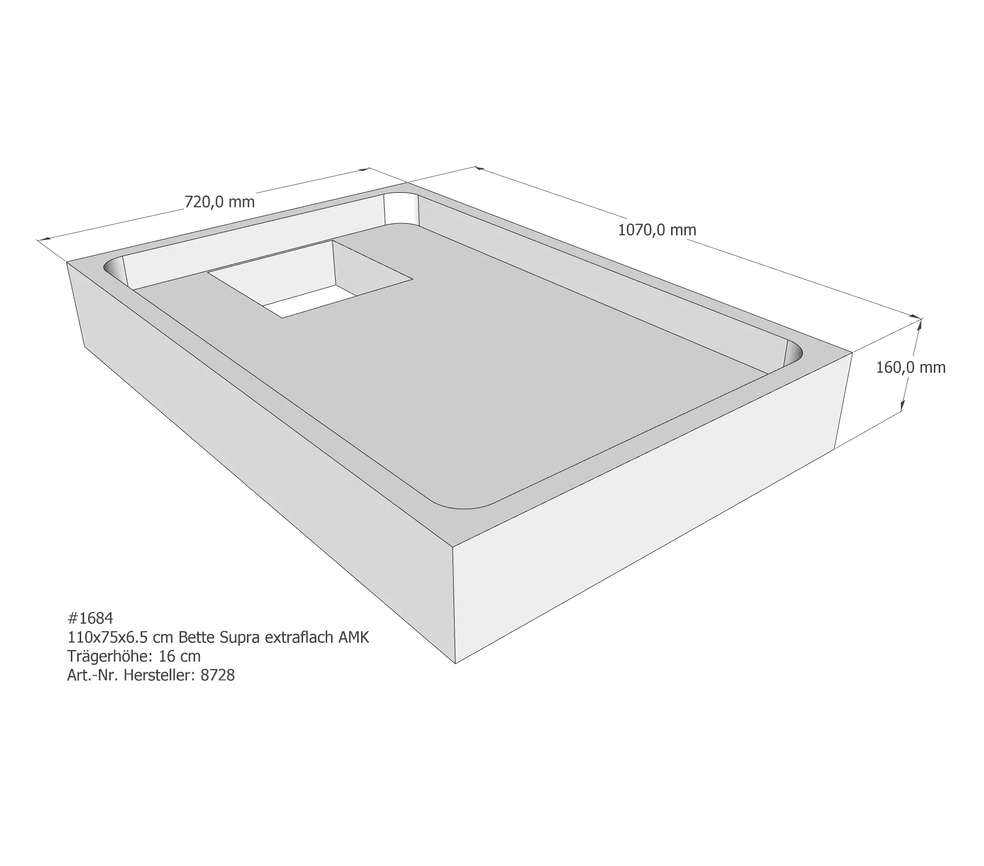 Duschwannenträger für Bette Supra (extraflach) 110 × 75 × 6,5 cm Breite: 75 cm / Länge: 110 cm