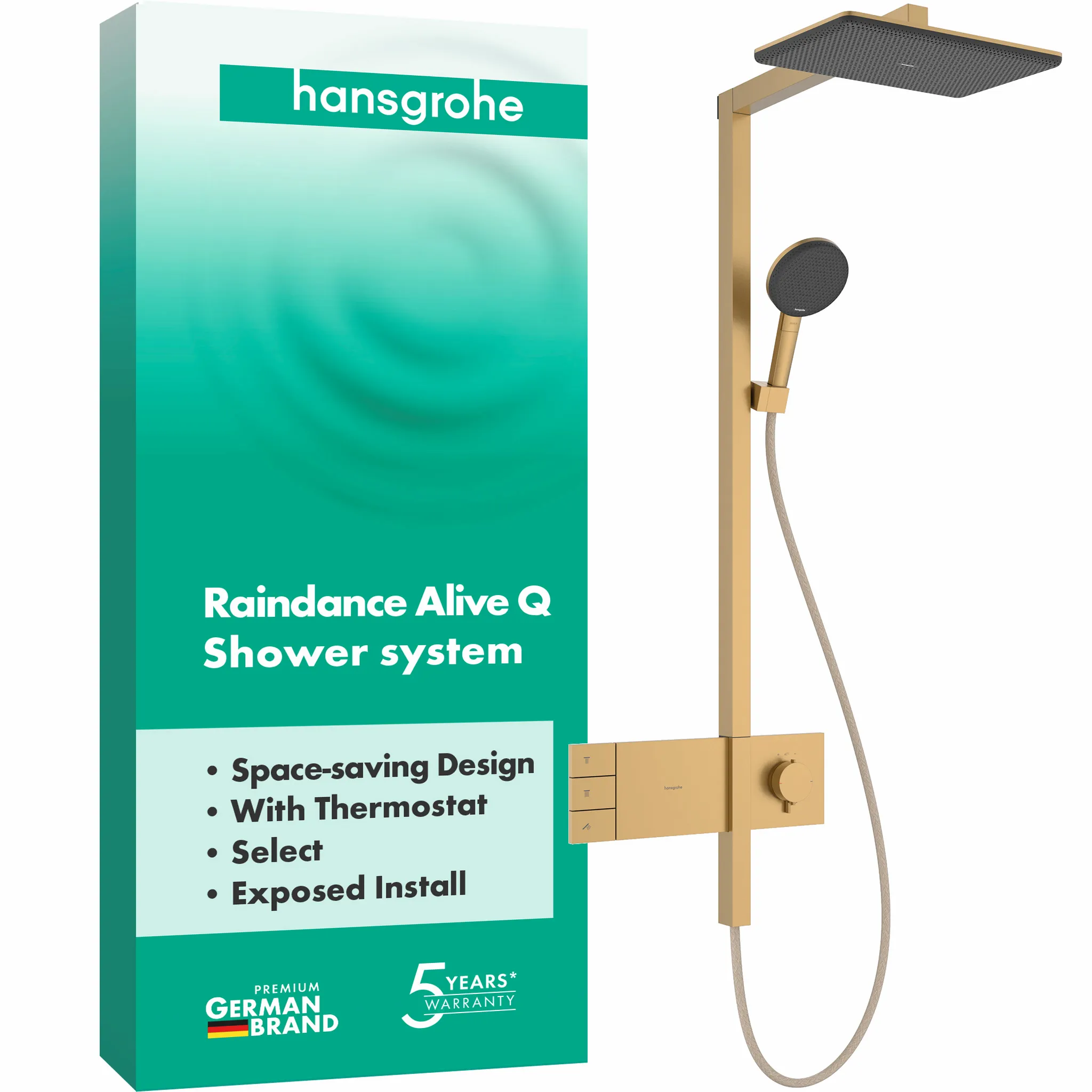 Hansgrohe Showerpipe Raindance Alive Q, 210/340 2jet mit Thermostat BBR, Brushed Bronze, 214 x 343 mm Brausekopfgröße, Aufputzinstallation Hansgrohe Showerpipe Raindance Alive Q, 210/340 2jet mit Thermostat BBR, Brushed Bronze, 214 x 343 mm Brausekopfgröße, Aufputzinstallation