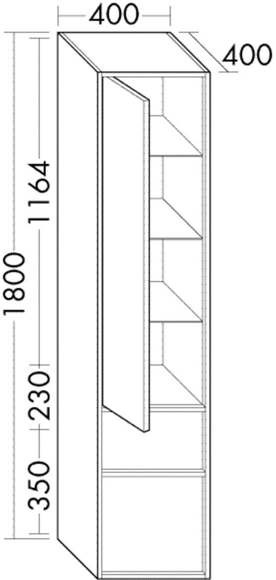 Hochschrank Uomo von burgbad, 400x400x1800 mm, 1 Tür mit Tip-On Technik, 3 Glaseinlegeböden, 1 Schublade, 1 Auszug