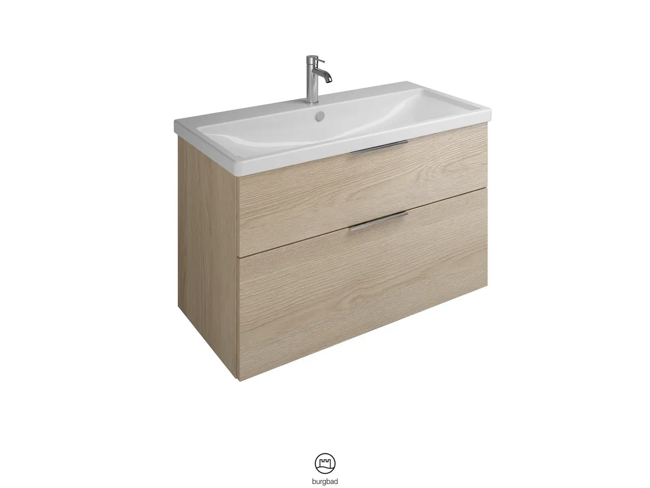 burgbad Badmöbelset Keramik-Waschtisch inkl. Waschtischunterschrank „Eqio“ 103 × 64,5 × 49 cm Stangengriff, Chrom, Eiche Dekor Flanelle (Melamin)
