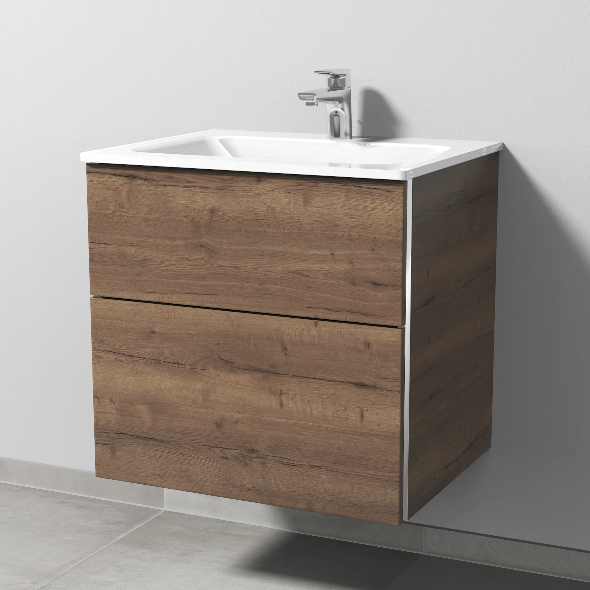 Sanipa Glas-Waschtisch-Waschtischunterschrank mit Waschtischunterschrank „3way“ 600 × 582 × 487 mm in Eiche Tabak, mit Hahnlochbohrung