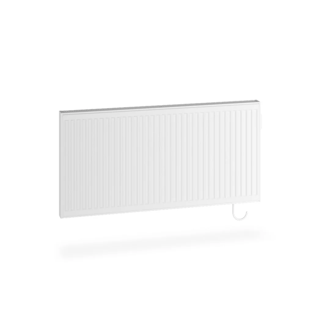 Flachheizkörper E-Panel Profil horizontal Typ 21, HxLxT: 600x1000x73 mm, Farbe: Weiß RAL 9016 seidenglanz, Ausführung: links, Reglertyp: programmierbarer Regler Elektroset: 1250 Watt, Schutzkl.: 2, Stecker: EU, Winkelkonsole lang