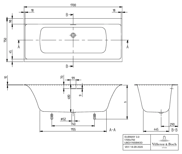 Villeroy & Boch Badewanne „Subway 3.0“ rechteck 170 × 75 cm, Mittelablauf