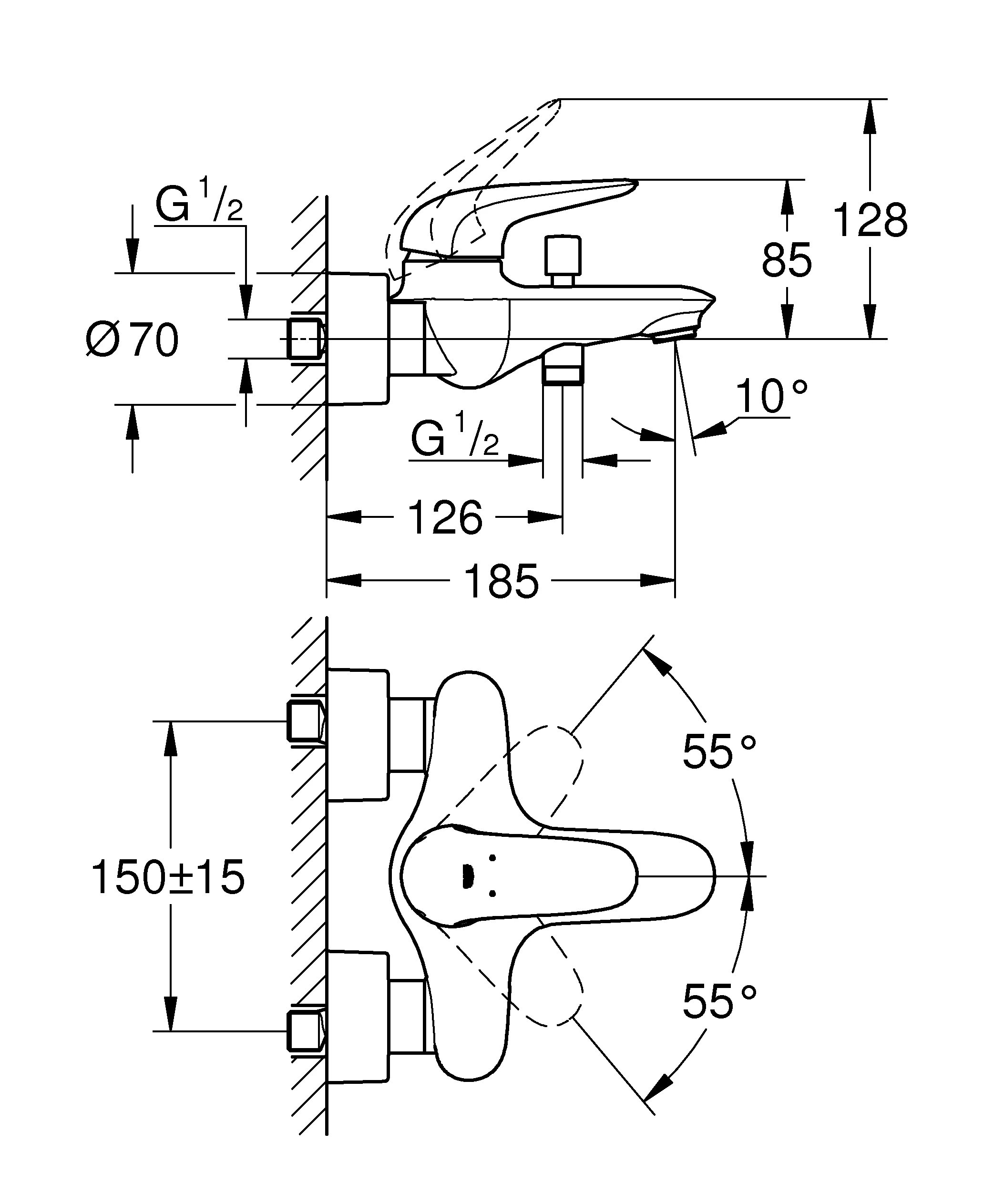 Einhand-Wannenbatterie Eurostyle 23726_3, Wandmontage, eigensicher, geschlossener Metall-Hebelgriff, chrom