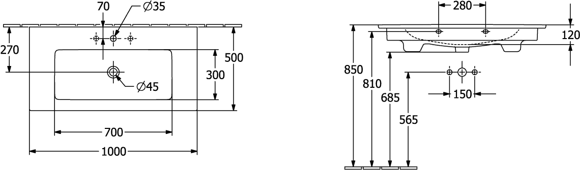 Villeroy & Boch Wandwaschtisch „Venticello“ 1000 × 500 × 170 mm, für Becken mittig, ohne Hahnlochbohrung in Weiß Alpin