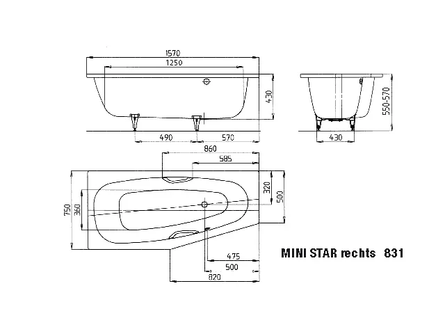 Kaldewei MINI STAR RECHTS Badewanne, 1570x750 mm, alpinweiß Kaldewei MINI STAR RECHTS Badewanne, 1570x750 mm, alpinweiß