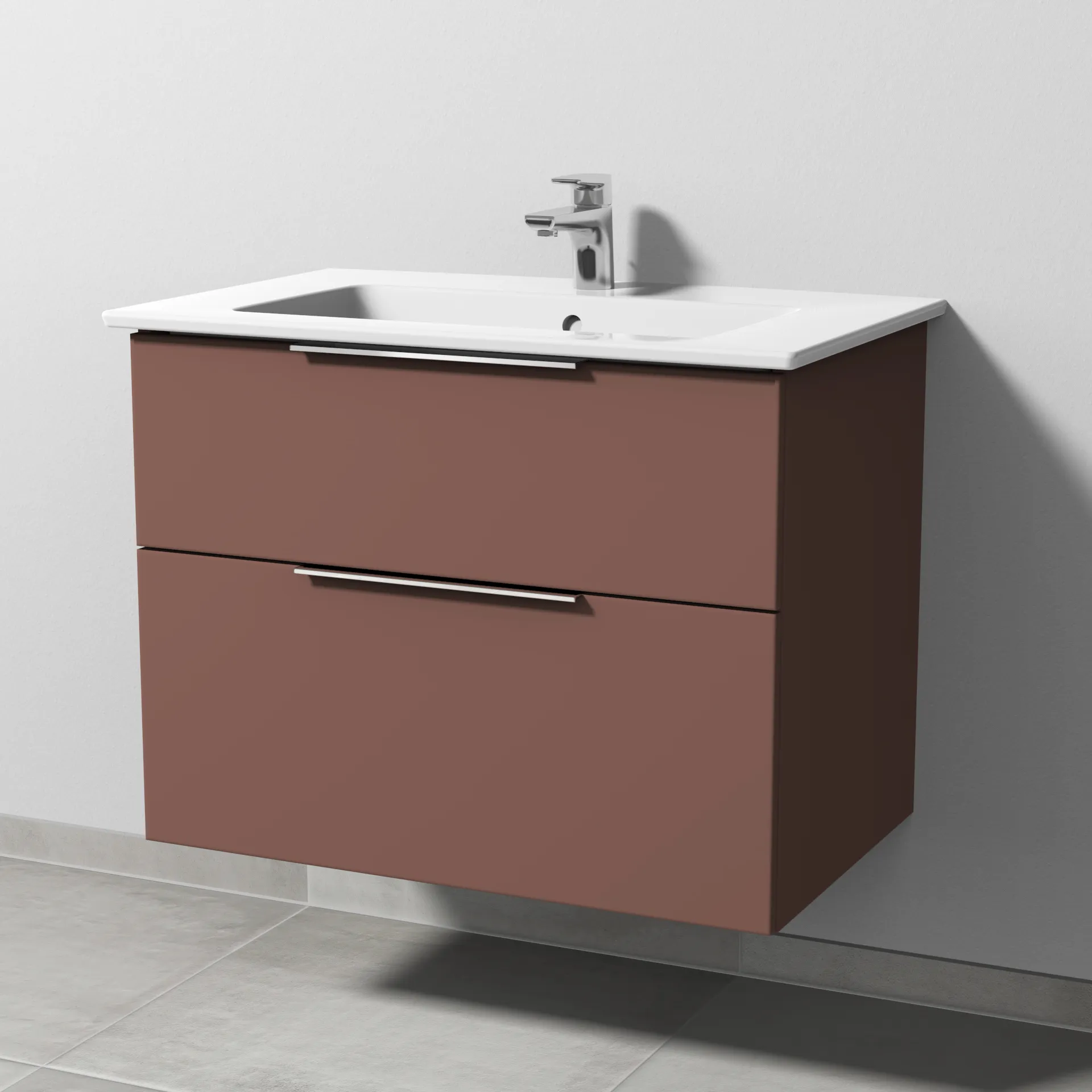 Keramik-Waschtisch-Set mit Waschtischunterschrank „3way“ 75,5 × 47,7 × 59,1 cm in Wine-Red, mit Hahnlochbohrung, Becken mittig