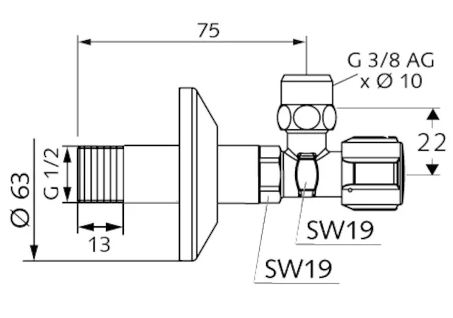 Eckventil mit Regulierfunktion COMFORT, COMFORT-Griff, Schubrosette Ø 63 mm, DN 15 G 1/2 AG, Ø 10 mm (DN 10 G 3/8 AG), chrom