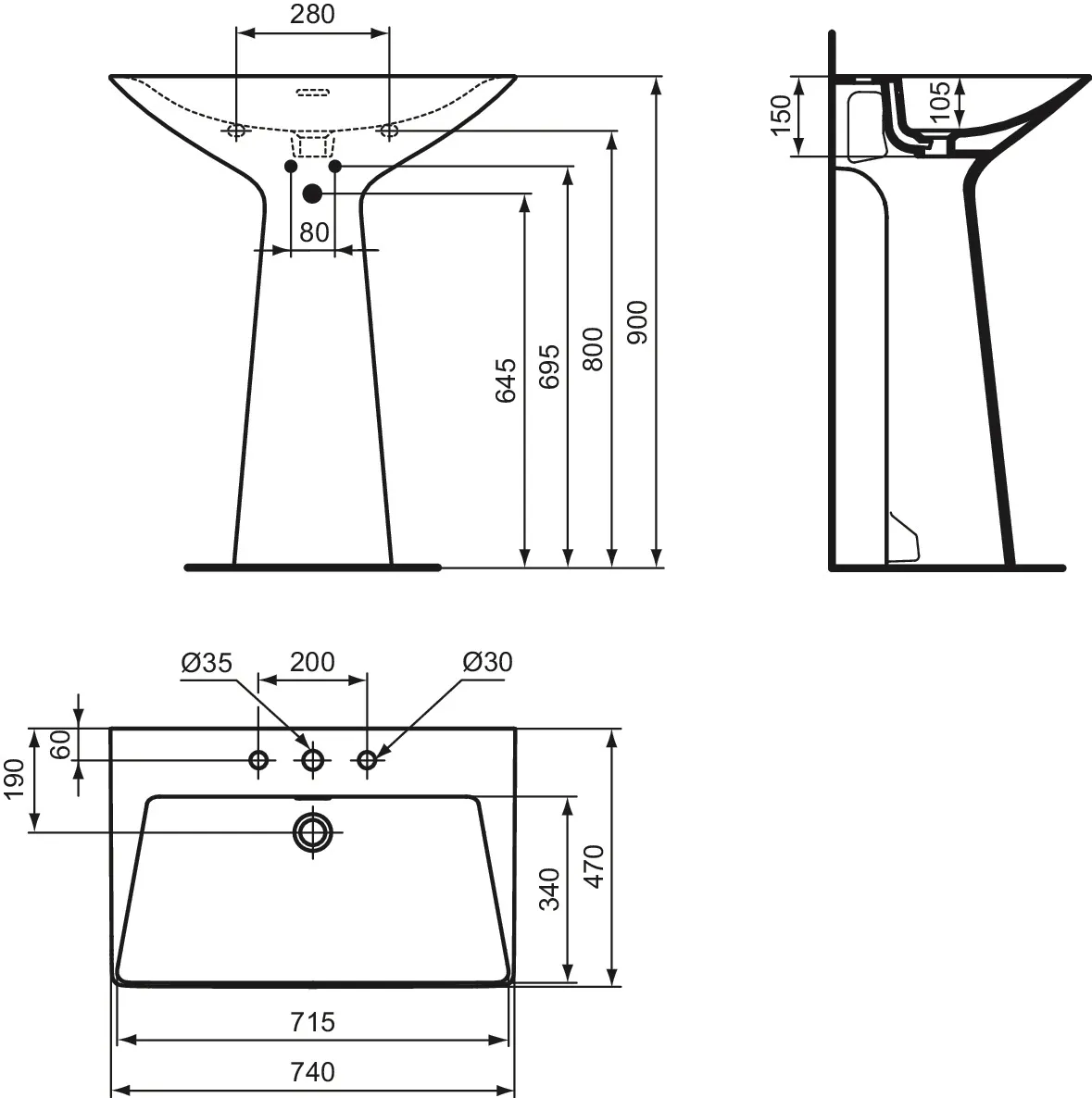 Waschbecken „Tipo-Z“ 74 × 47 × 90 cm, Hahnlochposition mittig in Schwarz Matt Waschbecken „Tipo-Z“ 74 × 47 × 90 cm, Hahnlochposition mittig in Schwarz Matt