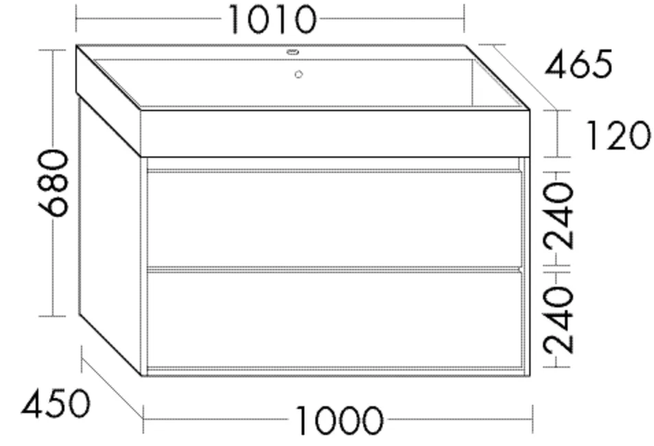 Keramik-Waschtisch inkl. Waschtischunterschrank Devio von burgbad – 1005 mm breit, 465 mm tief, 680 mm hoch mit 99 mm Muldentiefe und zwei Auszügen (je 300 mm)