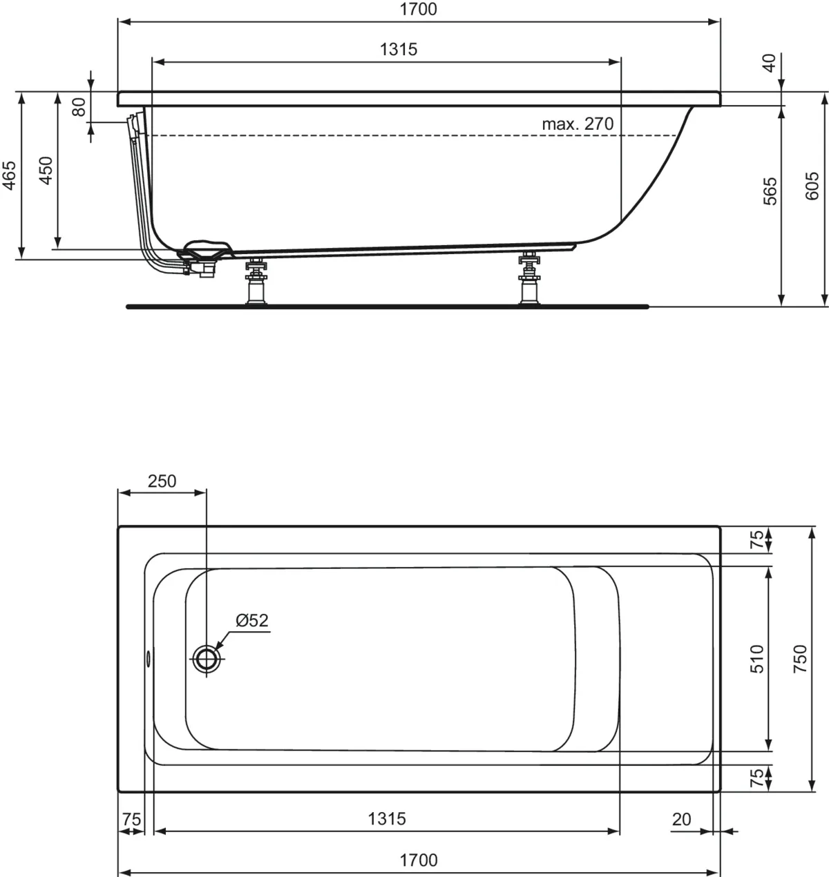 Ideal Standard Badewanne „ConnectAir“ 75 × 170 cm