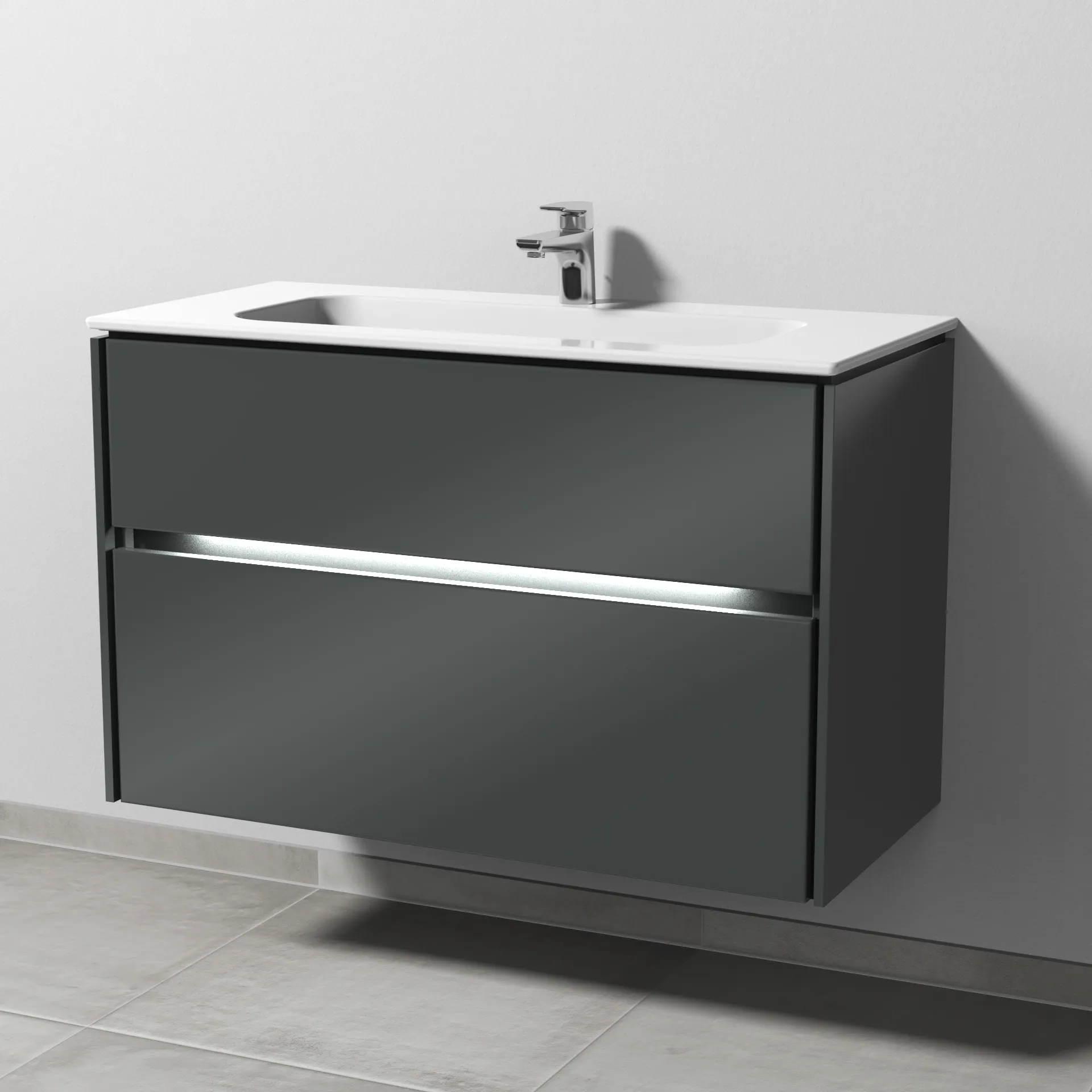 Keramik-Waschtisch-Set mit Waschtischunterschrank „Twiga“ 99 × 46 × 61 cm in Anthrazit (glanz), mit Hahnlochbohrung, mit Beleuchtung Keramik-Waschtisch-Set mit Waschtischunterschrank „Twiga“ 99 × 46 × 61 cm in Anthrazit (glanz), mit Hahnlochbohrung, mit Beleuchtung