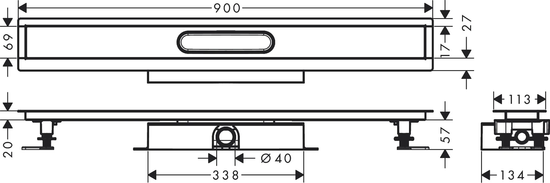Hansgrohe uBox universal Komplettset für flache Installation 900 mm, passend zu RainDrain Rock und Match Fertigsets, 3-seitiger Anschluss DN40, waagerechter Auslass Hansgrohe uBox universal Komplettset für flache Installation 900 mm, passend zu RainDrain Rock und Match Fertigsets, 3-seitiger Anschluss DN40, waagerechter Auslass