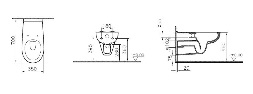 VitrA Conforma Tiefspüler-Wand-WC VitrA Flush 2.0 barrierefrei 35 x 70 cm Weiß Hochglanz