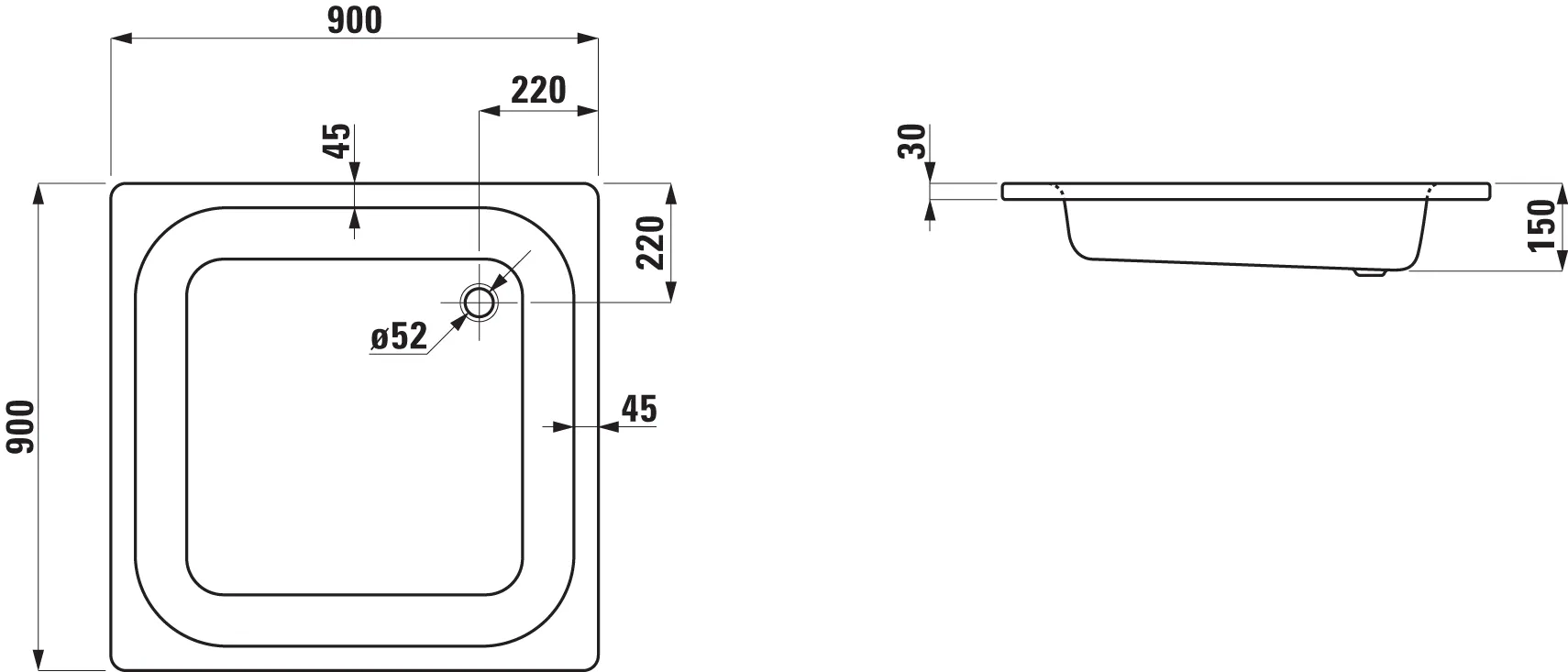 Laufen quadrat Duschwanne „Platina“ 900 × 900 mm ohne Oberflächenbeschichtung, ohne Oberflächenveredelung, in Weiß (matt)