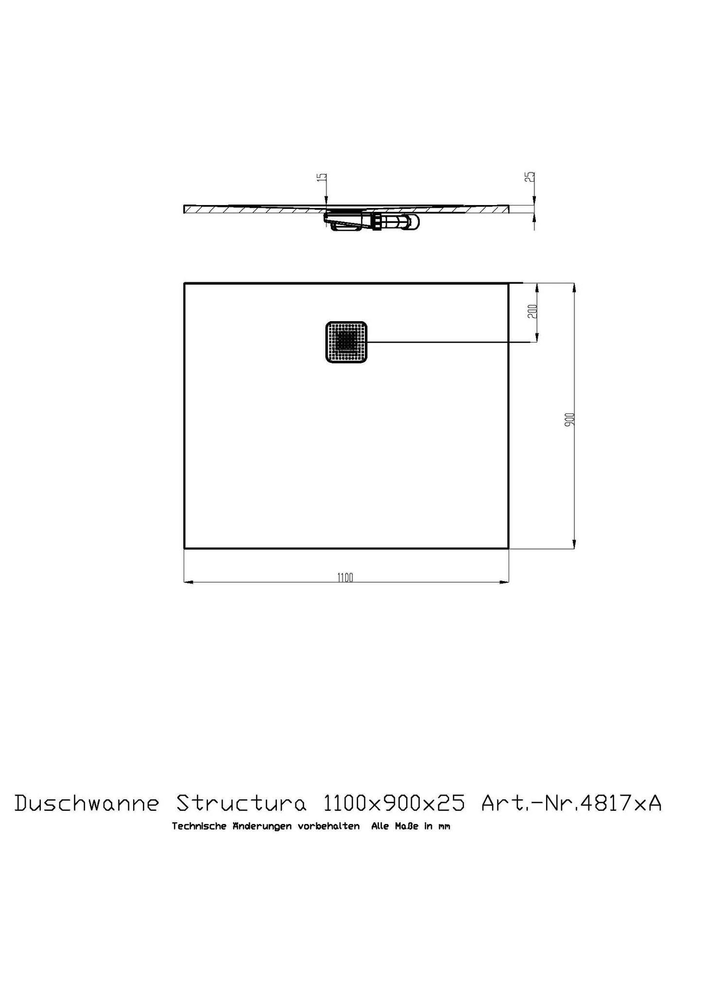Duschwanne Structura 1100x900x25 in gesoftete Schieferoptik, mit Antirutsch B, Material Solique, Weiß