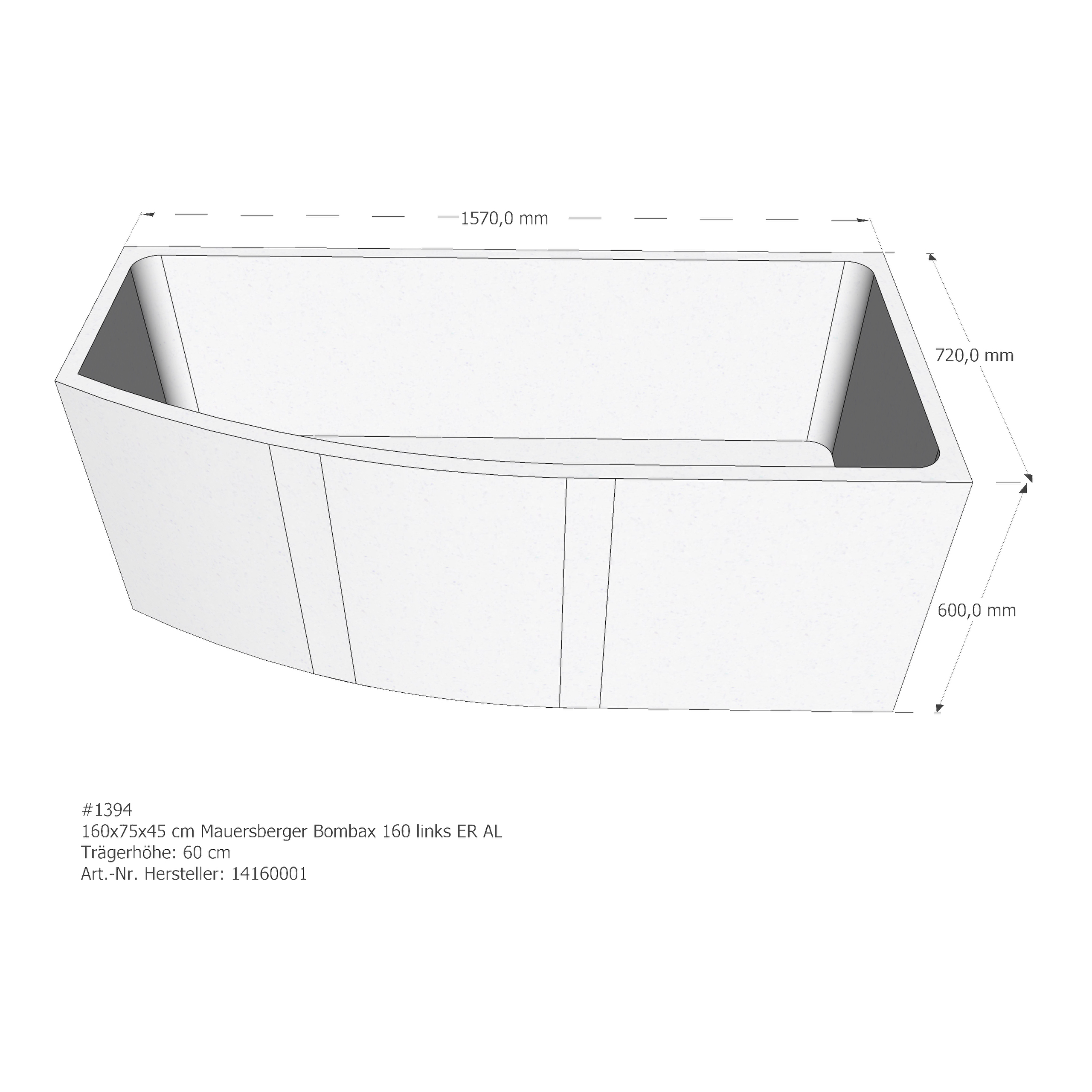 Badewannenträger für Mauersberger Bombax 160 links links 160 × 75 × 45 cm Badewannenträger für Mauersberger Bombax 160 links links 160 × 75 × 45 cm