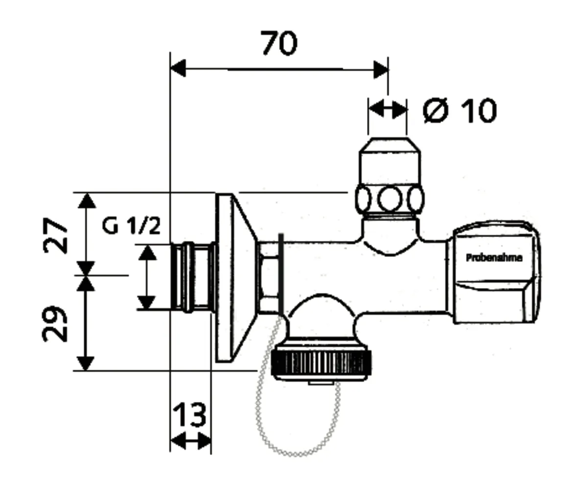 Probenahme-Eckventil, COMFORT-Griff, Schubrosette Ø 54 mm, DN 15 G 1/2 AG mit ASAG easy, Ø 10 mm (DN 10 G 3/8 AG), G 3/4 AG