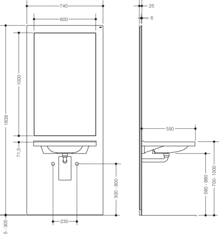 Waschtisch-Modul „S 50“ Set 74 × 183,8 cm