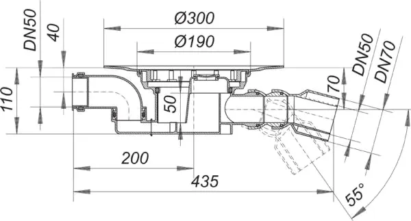 Ablaufgehäuse 55, Zulauf DN 50, DN 50/DN 70 Ablaufgehäuse 55, Zulauf DN 50, DN 50/DN 70