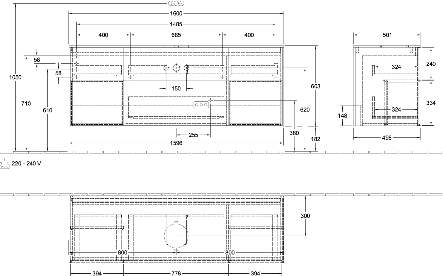 Villeroy & Boch Finion Waschbeckenunterschrank GD0, 1600 x 603 x 501 mm, Midnight Blue Matt Lacquer / Silk Grey Matt Lacquer / Glass Black Matt