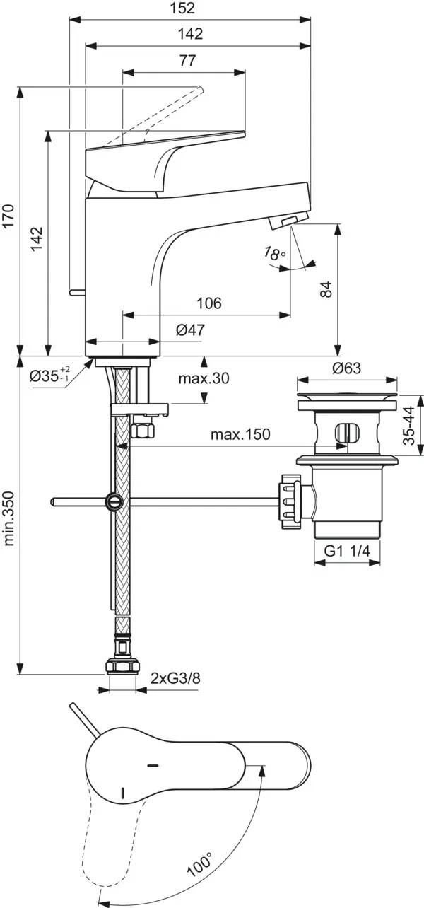 Waschtischarmatur H80 Cerabase BlueStart mit Metall-Ablaufgarnitur Ausladung 106mm Chrom
