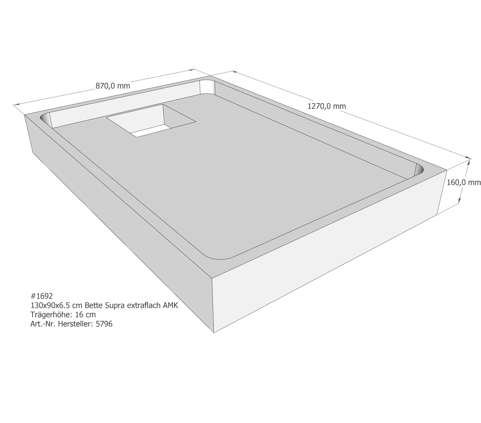 Duschwannenträger passend für Bette BetteSupra (extraflach) 130 × 90 × 6,5 cm Breite: 90 cm / Länge: 130 cm