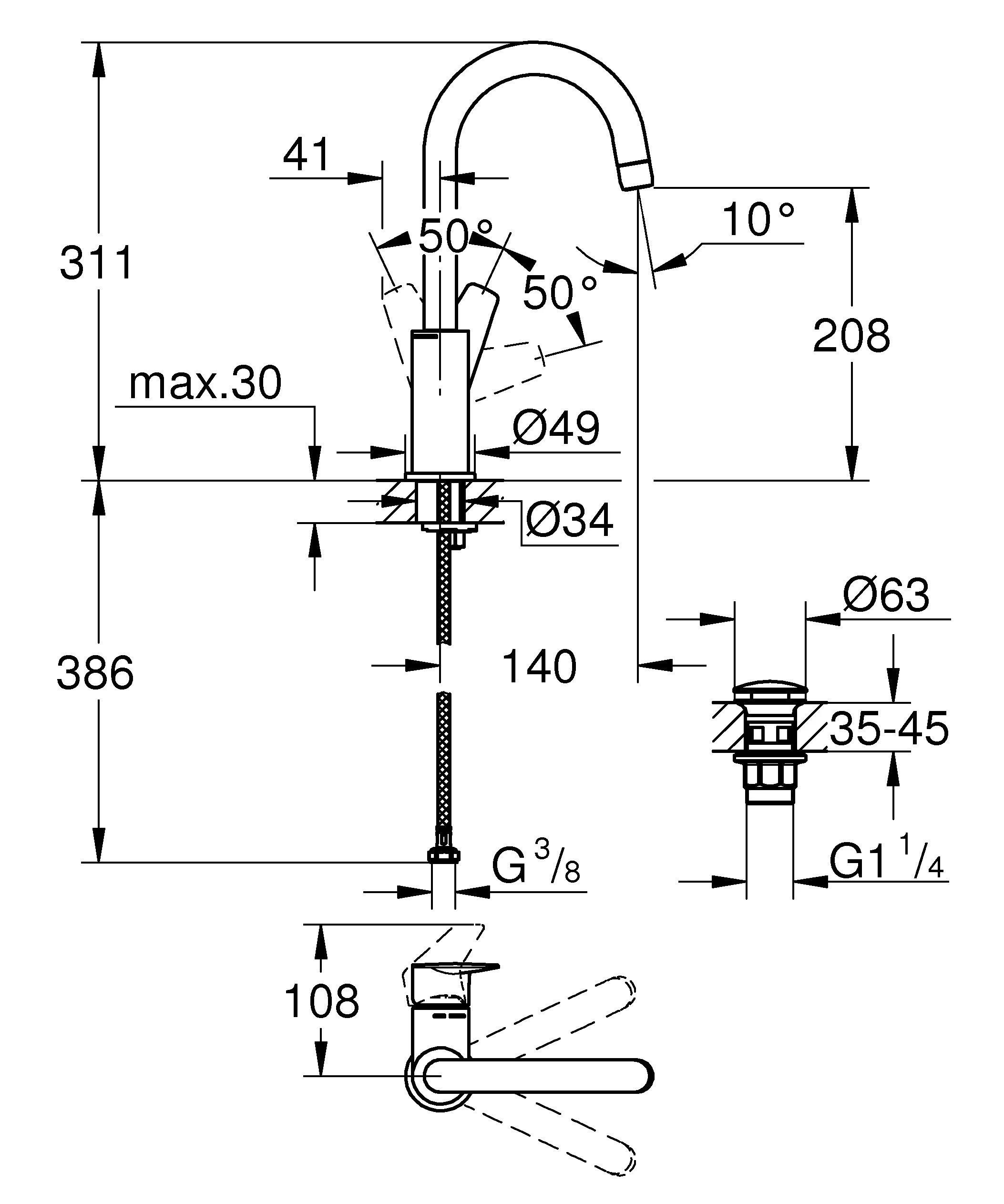 Einhand-Waschtischbatterie BauEdge 23911_1, L-Size, Einlochmontage, Temperaturbegrenzer, EcoJoy 5,7 l/min Mousseur, schwenkbarer Rohrauslauf, glatter Körper, Push-open Ablaufgarnitur aus Kunststoff 1 1/4″, chrom