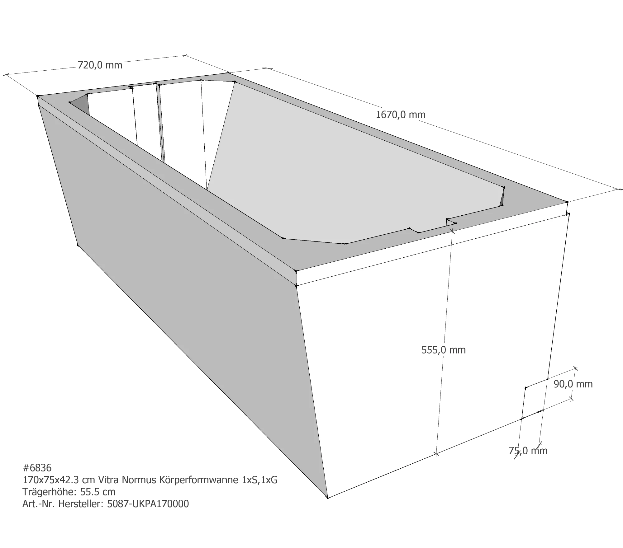 Badewannenträger für VitrA Normus 170 × 75 × 42,3 cm